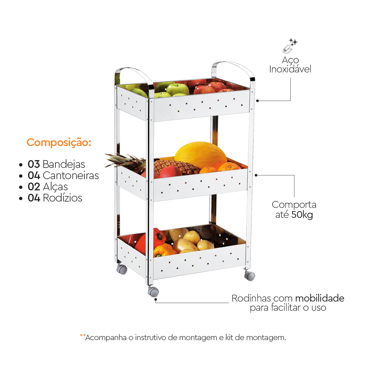 Carrinho Organizador Brinox Suprema Aço Inox - Imagem 3